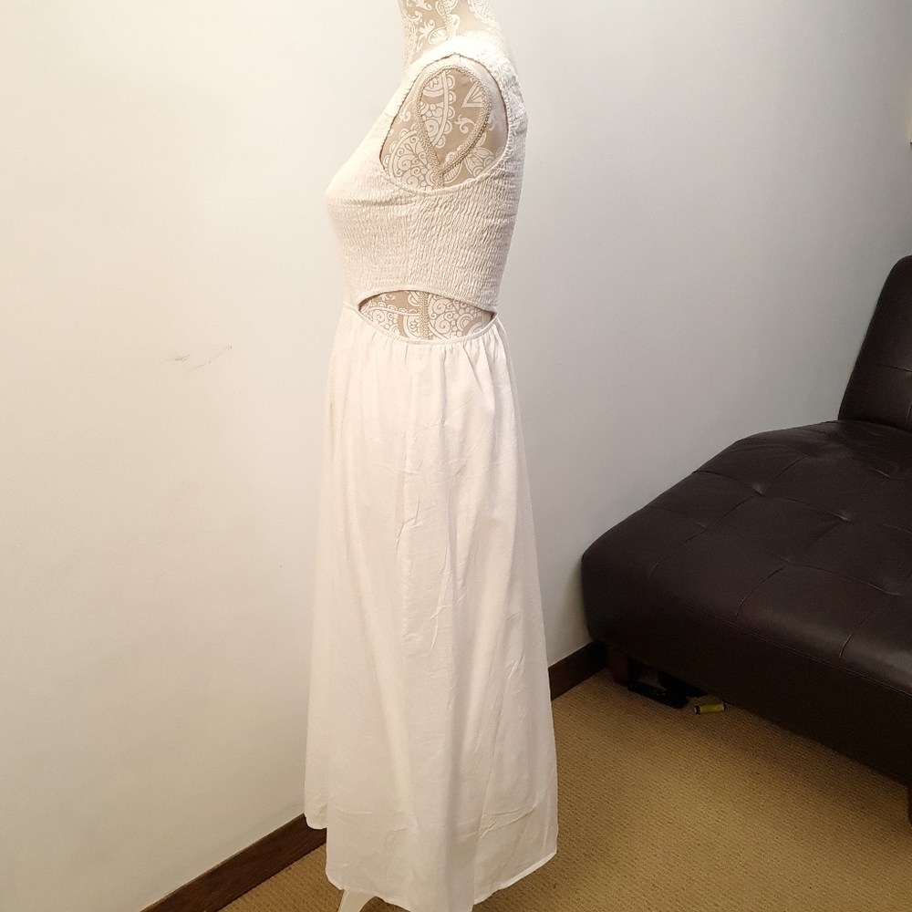 One Shoulder Smocked Cutout Waist Sundress Flowy A-Line Dress White Women Size S - Picture 10 of 17